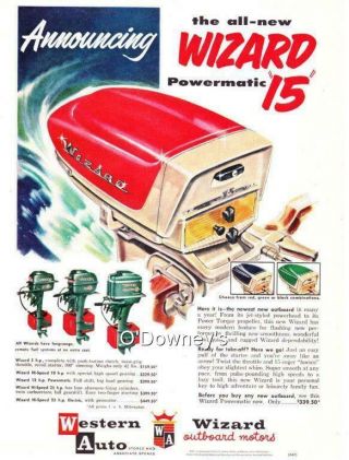 1957 Vintage Ad Western Auto Outboard Wizard Motors Color Man Cave Art