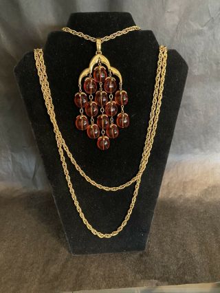 Rare Vtg 16 " Crown Trifari Goldtone Amber Lucite Beadd Waterfall Necklace