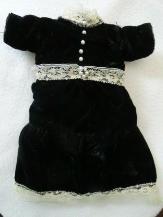 Vintage Victorian Black Velvet 12 " Doll Dress W/ Lace And Faux Pearls