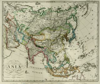 1877 Antique Large Map Of Asia China Japan Korea Indonesia India Iran Siberia
