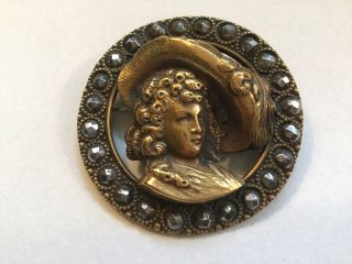 Antique Art Nouveau Lady Picture Button Pin Brooch Stamped Brass With Cut Steel
