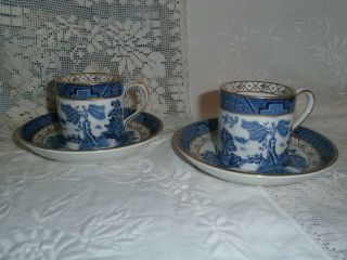 Set Of 2 Booths Real Old Willow Demitasse Cup & Saucer Blue Gold A8025 Antique