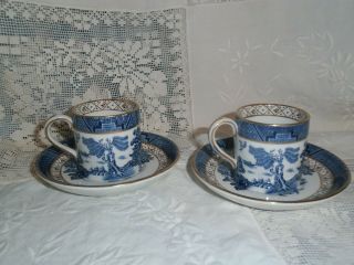 Set of 2 Booths Real Old Willow Demitasse Cup & Saucer Blue Gold A8025 antique 2