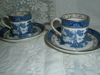 Set of 2 Booths Real Old Willow Demitasse Cup & Saucer Blue Gold A8025 antique 3