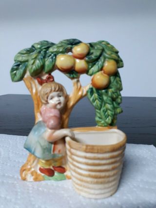 Sweet Antique Wall Vase - Little Girl With Basket Under Peach Tree Vtg