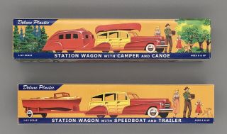 Set 2 Dimestore Dreams Station Wagon With Camper And Canoe & Speedboat Trailer