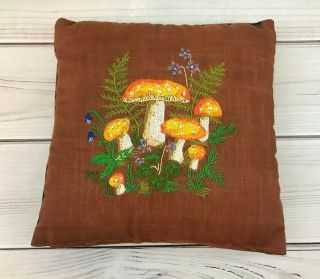 Vintage 70s Handmade Crewel Embroidered Pillow Cool Retro Mushrooms Nature 14”