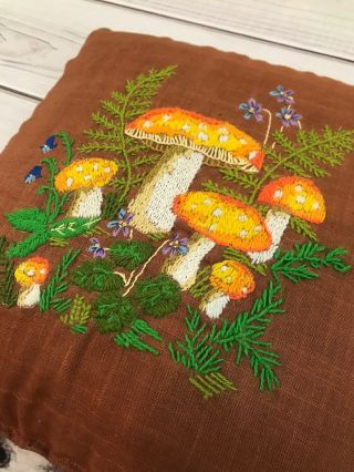 Vintage 70s Handmade Crewel Embroidered Pillow Cool Retro Mushrooms Nature 14” 2