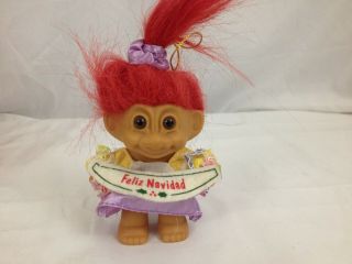 Russ Troll Doll Russ 3 " Vintage Lucky Bingo Feliz Navidad Red Hair
