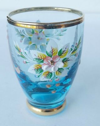 Floral,  Antique,  Hand Painted,  Blue Glass Toothpick Holder,  Gilt Trim