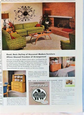 Vtg Mcm 1955 Modern Heywood Wakefield Furniture Sofas Bedroom Set Photo Print Ad