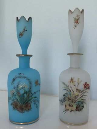 Pair Antique Hand Painted Bristol Glass Bottles Decantor Perfume 19th Century