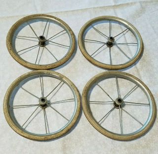 Set Of 4 Antique Baby Buggy Carriage Metal Spoke,  Rubber Wheels 7 " Diameter