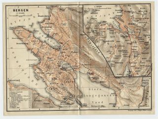 1909 Antique City Map Of Bergen / Hordaland / Norway