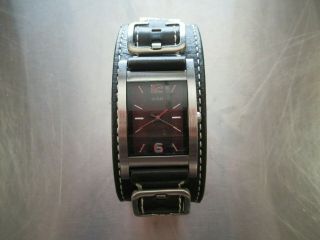 Vintage Guess Men’s Wrist Watch,  Black Leather Band Decorative Buckles