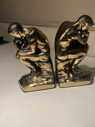 Vintage Antique 1928 Rodin Thinking Man Bookends Pair Cast Brass Sculpture