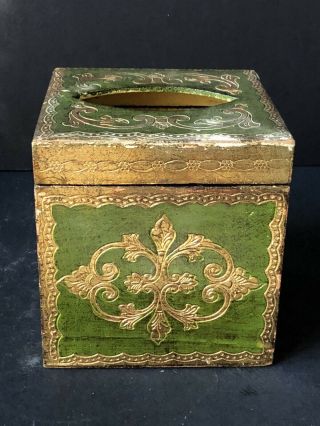 Rare Vintage Italy Gold Florentine Green Antique Tissue Box Holder Kleenex Wood