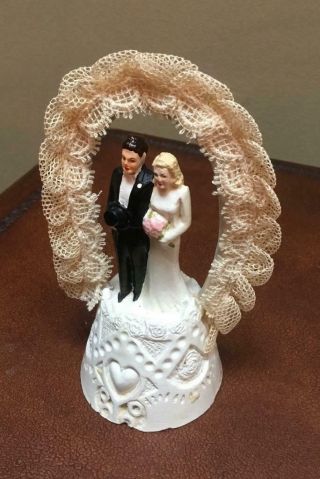 Vintage 1948 Bride & Groom Wedding Cake Topper With Lace Perfect