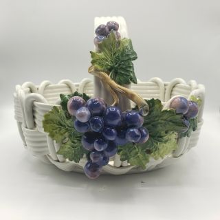 Vintage Woven Ceramic Fruit Bowl Basket Made In Italy White With Vine Of Grapes