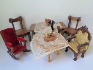 Antique Vintage Dollhouse Furniture Victorian Style Wood Upholstered Chair Table