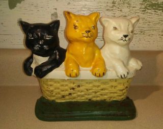Vintage/antique " 3 Cats In A Basket " Cast Iron Door Stop