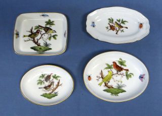 Rare Vintage Herend " Rothschild Birds " Set Of 4 Small Mini Handpainted Dishes Ec