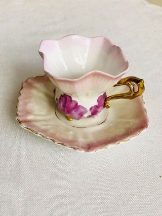Sevres Mid 18th Century Cup & Saucer Hand Painted Lavender Leaf Design Gold Gilt