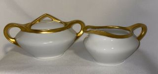 Vintage O&eg Royal Austria Sugar Bowl And Creamer White With Gold Trim