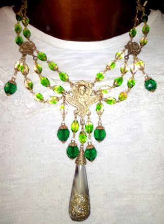 Old Art Nouveau Lady Necklace,  Tricolor Green Glass Beads,  Sign.  Czecho