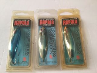 Three (3) Vintage Rapala Weedless Minnow Spoons - Finland (nip)