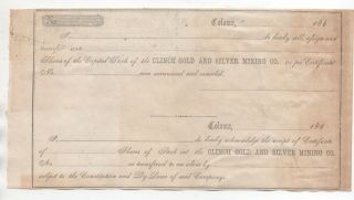1860s Receipt For Stock In The Clinch Gold & Silver Mining Co Coloma Ca