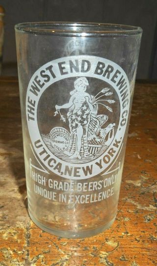Antique The West End Brewing Co.  Utica,  York 8 " Etched Clear Beer Glass Nr.