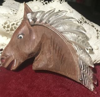Antique Wooden Hand Carved Lucite Horse Brooch Very Cool