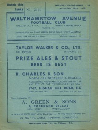 Rare Ww2 Football Programme Walthamstow Avenue V Tunbridge Wells Rangers 1938