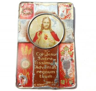 Antique Home Protection Icon Plaque Medal Reliquary - Sacred Heart Of Jesus