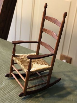 Dollhouse Miniature Artisan Signed Dc Wood Rocking Chair Woven Cotton Cord Seat