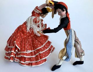 2 Vintage Dancing Spanish Cloth Dolls Couple Man Woman Flamenco Made In Spain