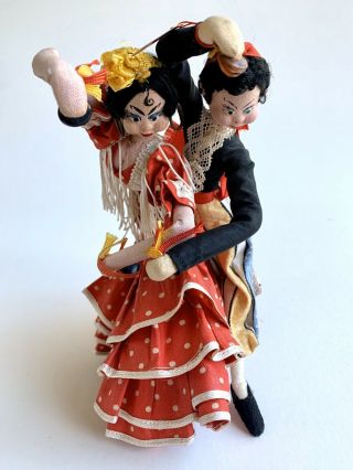 2 Vintage Dancing Spanish Cloth Dolls Couple Man Woman Flamenco Made In Spain 2