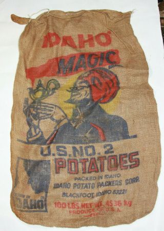 Rare Vtg Magic Brand Genie & Lamp Burlap Potato Sack Bag 100 Lb Blackfoot Idaho