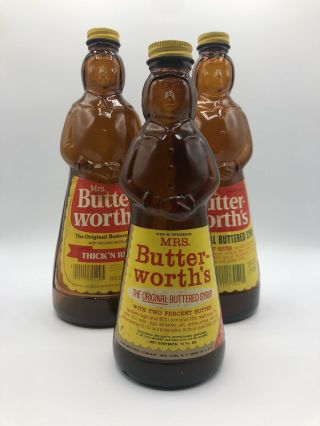 3 Rare Vintage Mrs.  Butterworth’s Syrup Amber Glass Bottles W/ Labels