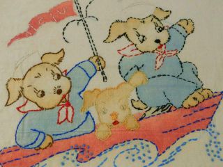 Antique Vintage Vogart Completed Tinted Embroidered Pillow Cover Puppy Boat Usa