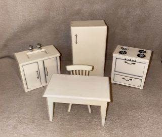Vintage Dollhouse Wooden Kitchen Set Fridge Sink Range/stove Table And 1 Chair