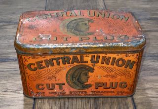 Antique Central Union Cut Plug Tin Litho Tobacco Can Richmond Va 3.  25x6”