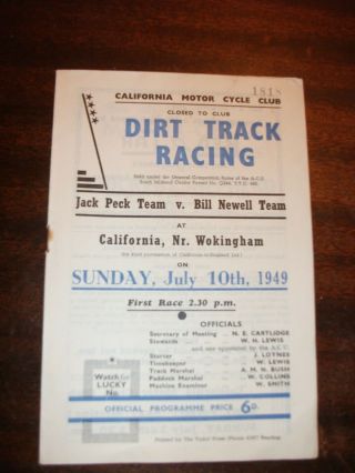 Rare California Speedway Programme Jack Peck V Bill Newell 10 - 7 - 1949