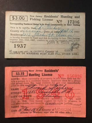 2 Vintage Antique 1937,  1948 Jersey Residents Hunting And Fishing Licenses