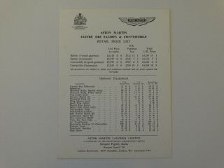 1964 Aston Martin Db5 Price List (not Brochure),  Rare Item