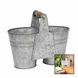 Conservatory Antique Galvanized Double Bucket W Wood Handle Silver Home