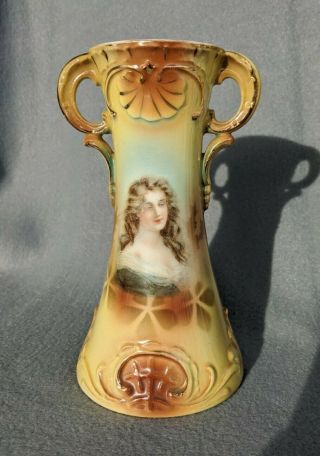 Antique Porcelain Austria Blonde Lady Portrait Vase With Handles 6 3/4 "