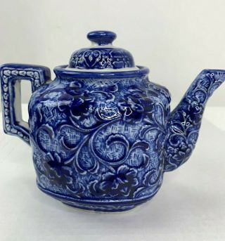 Vintage Hand Painted Teapot With Lid Glazed Blue And White Made In Japan