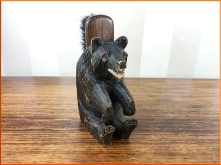 Vintage Black Forest Bear Hand Carved Wood Brush Holder Stand Glass Eyes